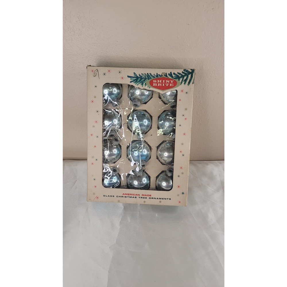 vintage Shiny Brite Christmas ornaments in box blue silver small